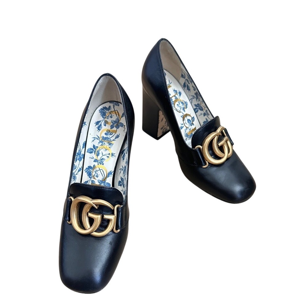 Gucci Marmont Black Leather Double G Block Heel Pumps 549672 IT 35.5 US 5.5